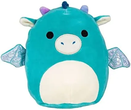 A bright blue Squishmallow dragon with different colored horns