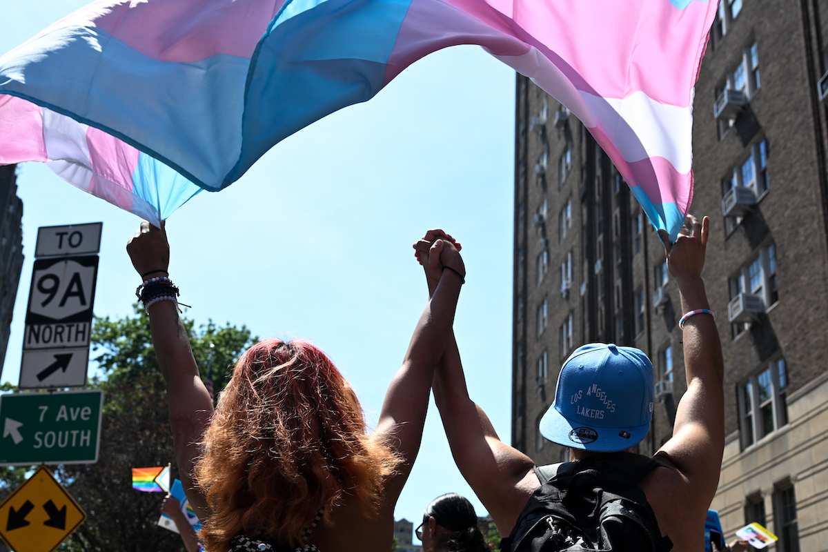 Two people hold hands raised in the air while waving a blue, pink, and white trans flag above them