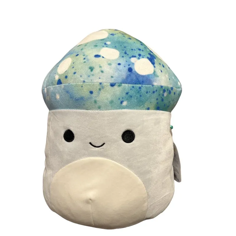 A light blue mushroom Squishmallow with a galaxy patterned white spotted cap.