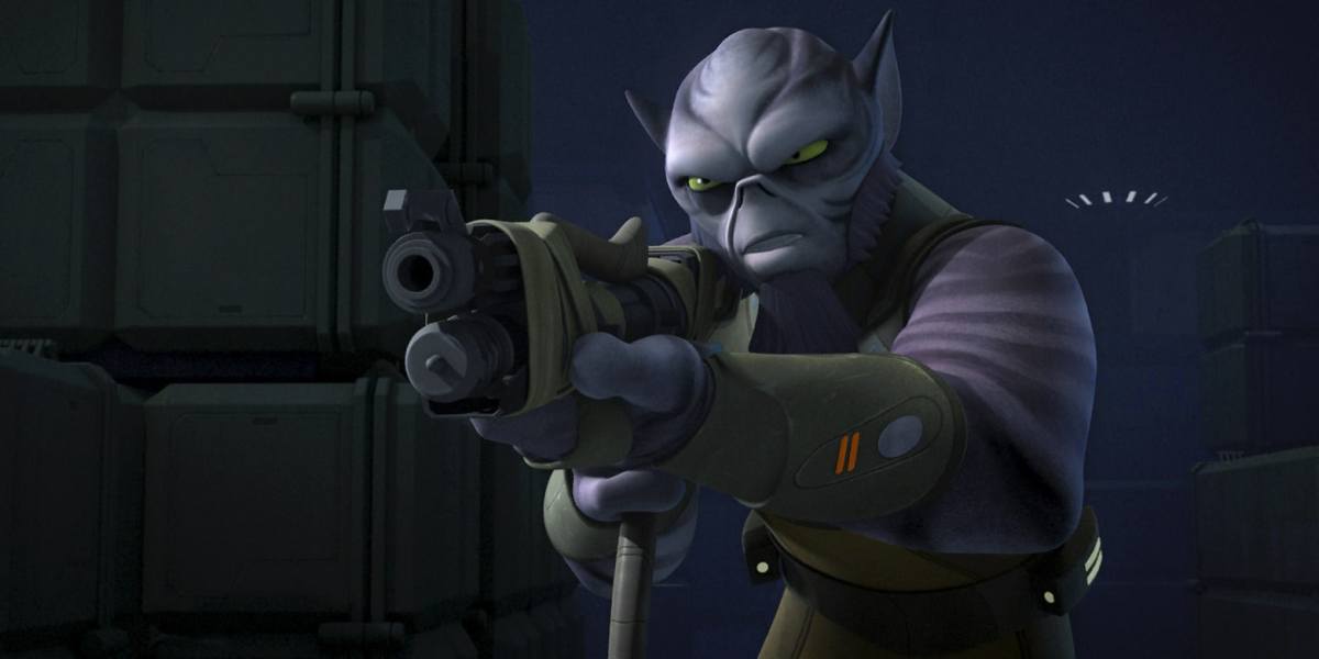 Image of Zeb Orrelios in a scene from the Disney XD animated series 'Star Wars: Rebels.' Zeb is non-human, and is large, purple, and has pointy ears and a bald, ridged head with darker purple markings. He's aiming a blaster at someone.