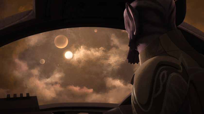 Image of Zeb Orrelios looking out the window on The Ghost to see the planet lira san on the Disney XD animated series, 'Star Wars: Rebels.' We see the back of his head as he looks out the window, just making out his purple skin, his pointy ear, and the end of his beard. Outside the window, we see clouds illuminated by a planet surrounded by three moons. This is lira san.