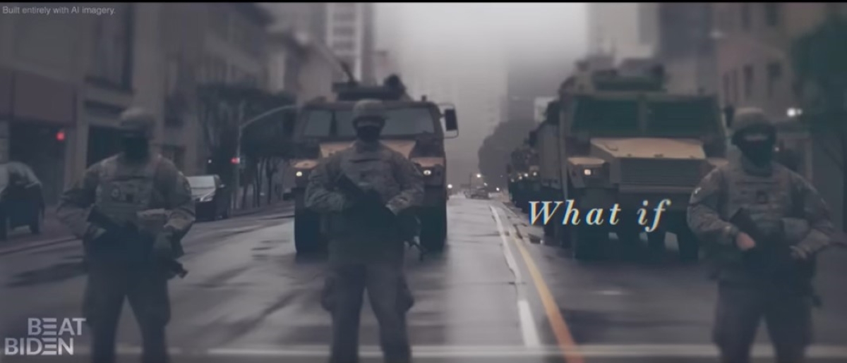 A screencap from the AI-generated Beat Biden ad shows three heavily armed soldiers standing in a dark American street, with lines of military vehicles behind them. Text on the screen reads, "What if."
