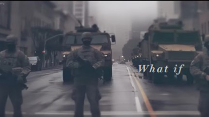 A screencap from the AI-generated Beat Biden ad shows three heavily armed soldiers standing in a dark American street, with lines of military vehicles behind them. Text on the screen reads, 