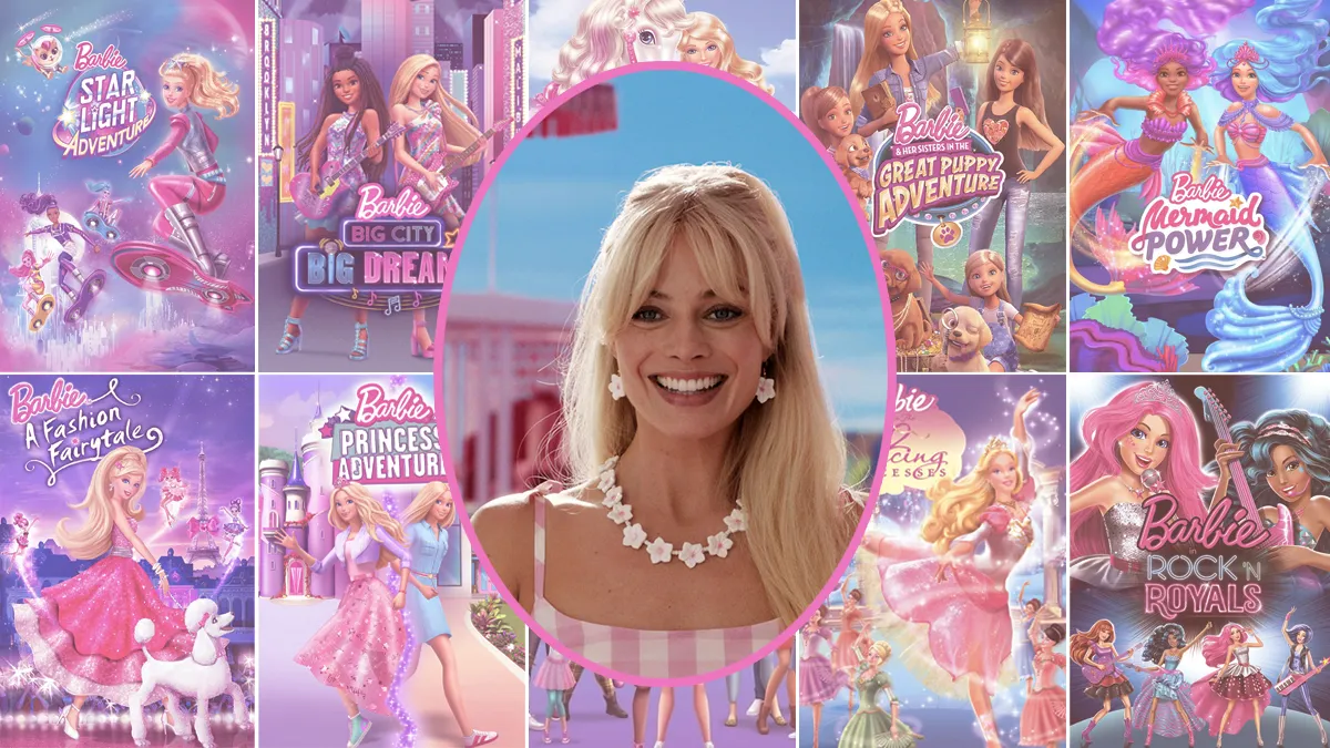 A collage of Barbie animated movie posters with Margot Robbie's live-action Barbie featured in the center