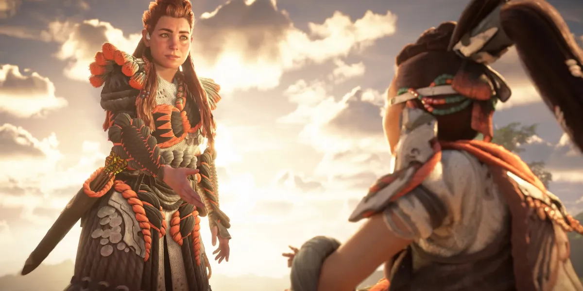 Aloy holding her hand out to Seyka in the Horizon: Forbidden West DLC Burning Shores