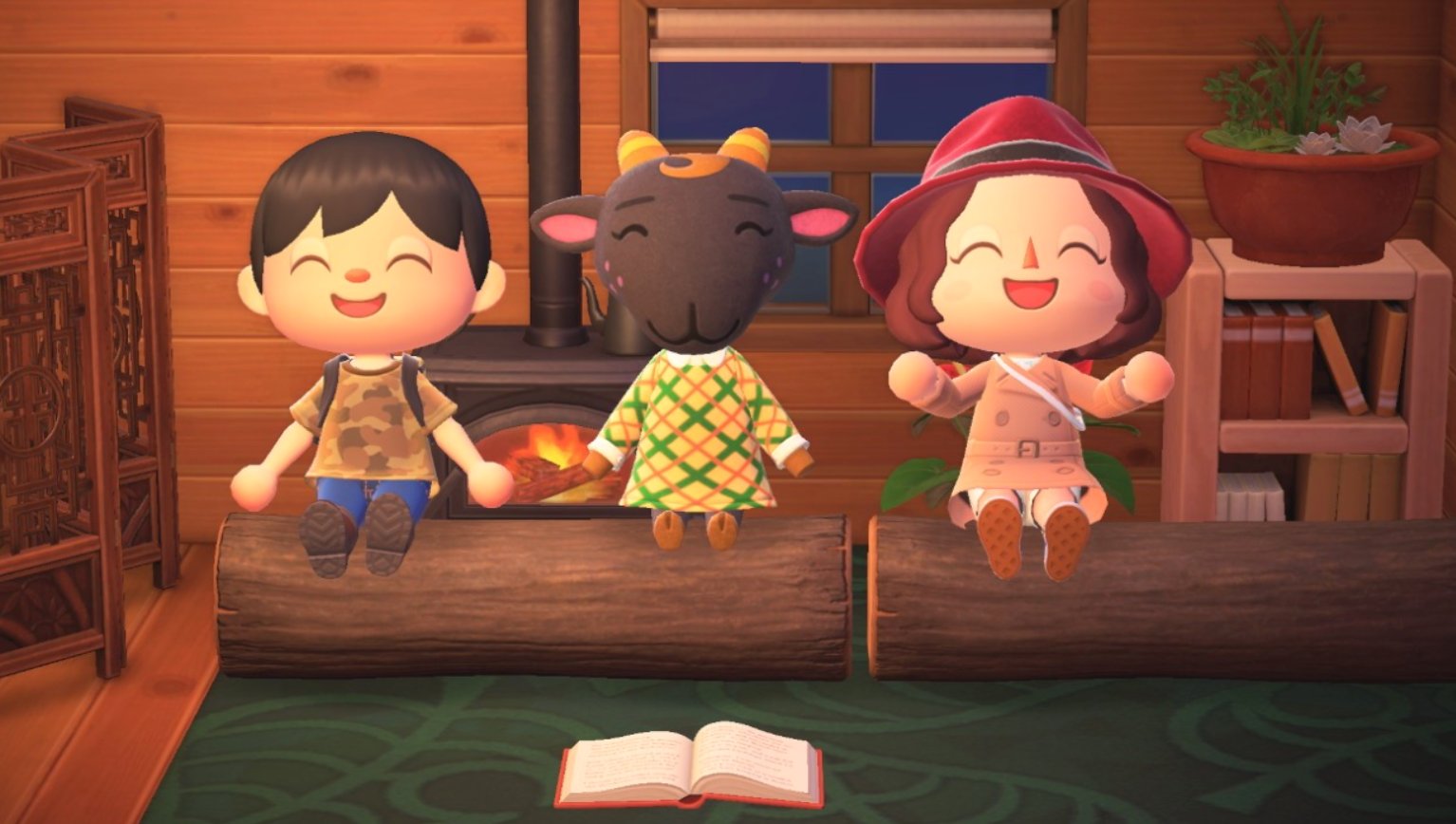 Two player characters with Nan the goat in Animal Crossing (Nintendo)