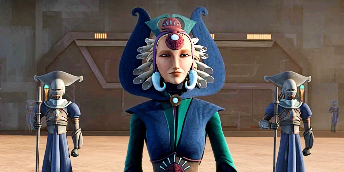 A scene from the animated series 'The Clone Wars.' Dutchess Satine Kryze is in the center of the image with two guards flanking her on either side. She is a white woman wearing a blue and green dress and an elaborate blue, green, red, and white headdress. 