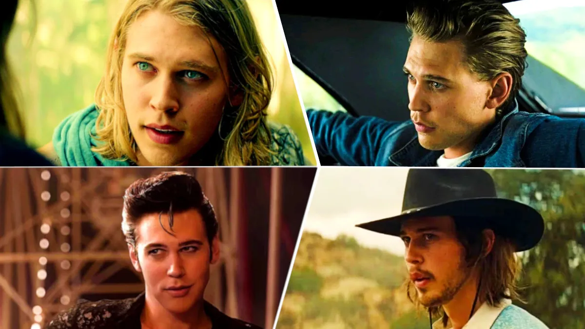 Collage of Austin Butler's roles in The Shannara Chronicles, The Dead Don't Die, Elvis, and Once Upon A Time in Hollywood