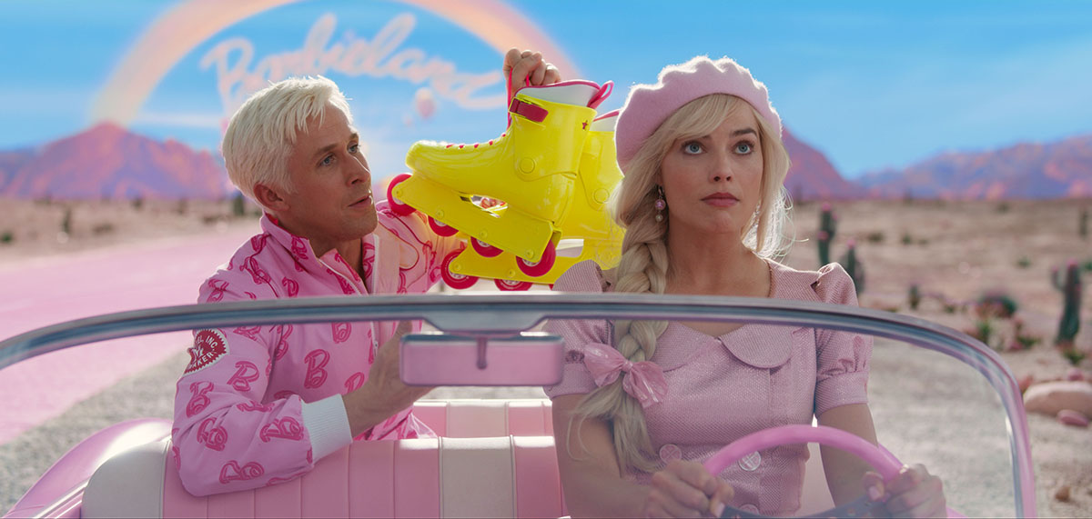 Margot Robbie and Ryan Gosling as Barbie and Ken in a car together in Barbie