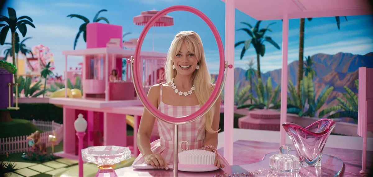 Barbie in her mirror in Barbie Land in the Greta Gerwig Barbie trailer starring Margot Robbie