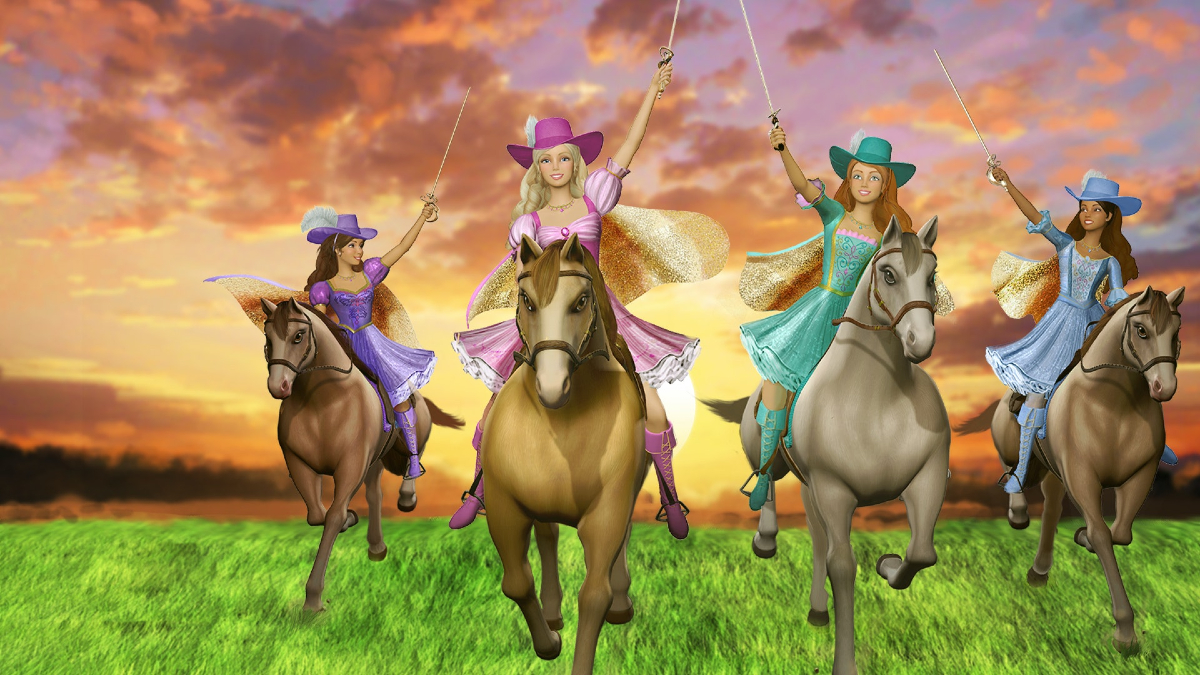 Barbie and the three musketeer barbies on horses in 'Barbie and the Three Musketeers'