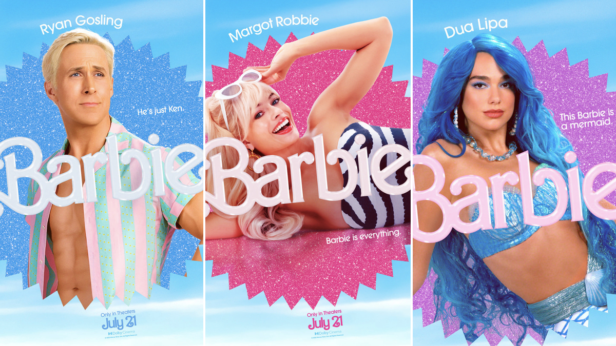 'Barbie' movie character posters featuring Ryan Gosling as Ken, Margot Robbie as Barbie, and Dua Lipa as mermaid Barbie