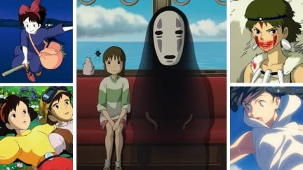 A collage of anime movies: 'Kiki's Delivery Service,' 'Spirited Away,' 'Princess Mononoke,' 'Weathering With You,' and 'Castle in the Sky'