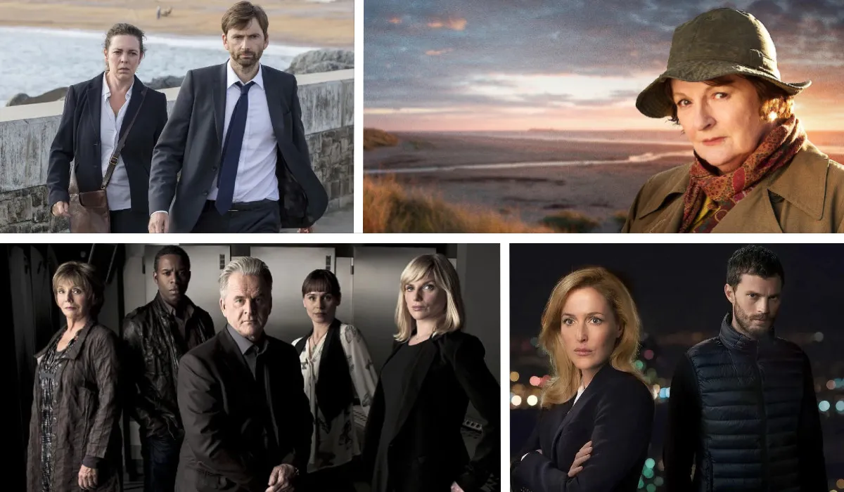 Key art images for Broadchurch, Vera, Waking the Dead, and The Fall
