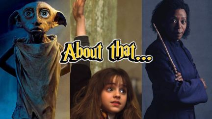 Dobby, Emma Watson as Hermione, Noma Dumezweni as older Hermione under the text 