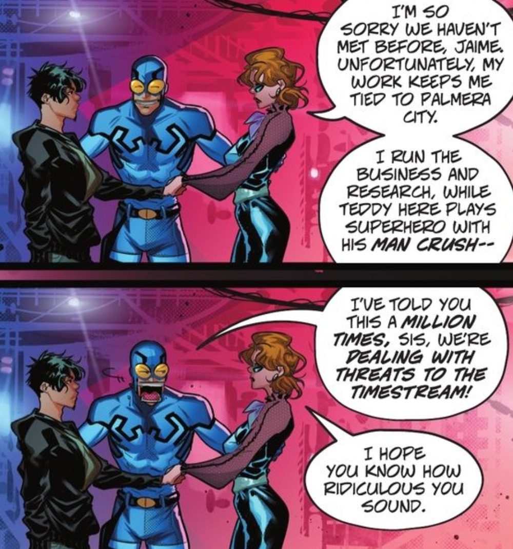 Panels from 'Blue Beetle: Graduation Day #2' featuring Jamie Reyes, Ted Kord's Beetle, and Victoria Kord