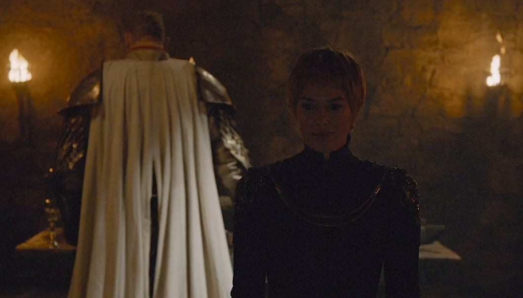 Cersei (Lena Headey) smirks as she walks away, leaving Septa Unella (Hannah Waddingham) in the hands of Ser Gregor Clegane