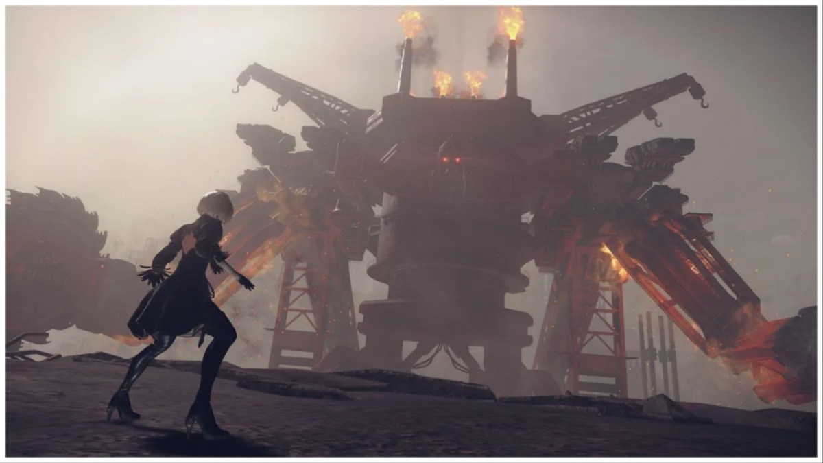 2B fights an Engels robot in Nier Automata