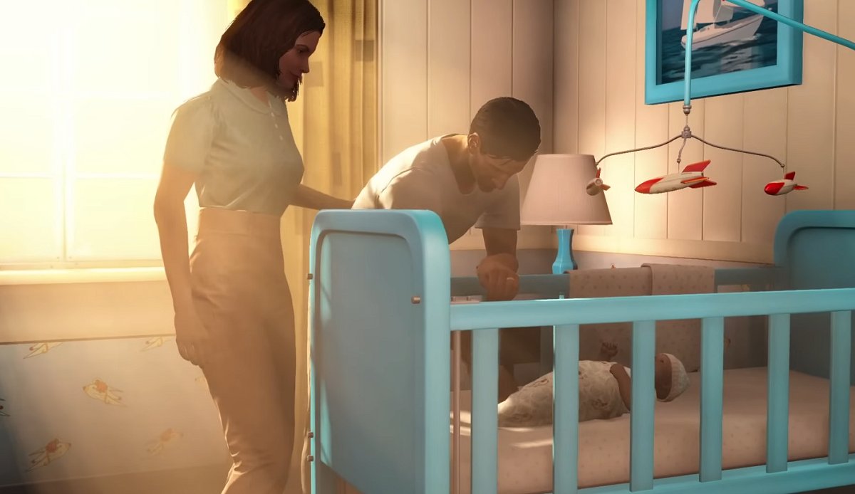 The Fallout 4 player character with their spouse and baby (Bethesda)