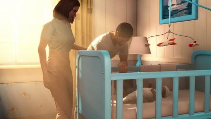 The Fallout 4 player character with their spouse and baby (Bethesda)