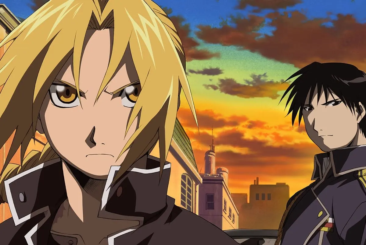 Edward Elrich and Roy Mustang in a promotional image for Fullmetal Alchemist: Brotherhood