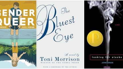 Gender Queer, The Bluest Eye, and Looking for Alaska book covers