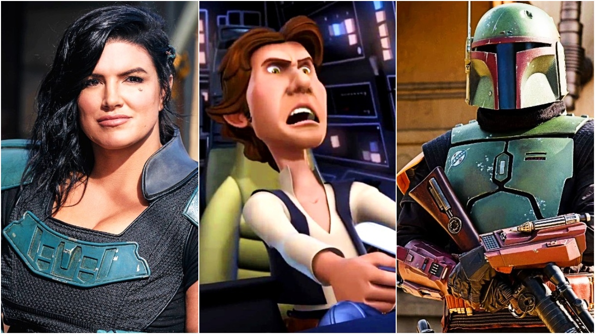 Gina Carano as Cara Dune, Nat Faxon as Han Solo, and Temuera Morrison as Boba Fett in the Star Wars universe