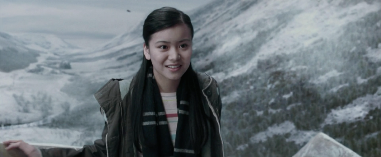 Cho Chang wears a scarf in the snow 