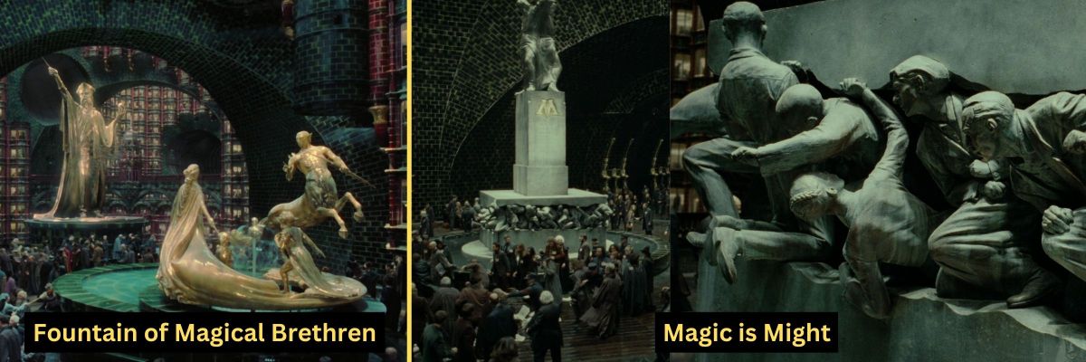 Comparing social hierarchies pre-Voldemort's rise to power and post (a.k.a. when more than Hermione cared) via the statues in the entry way of the Ministry of Magic.