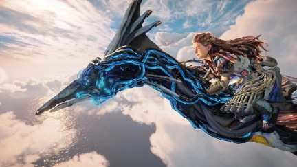 Aloy flying above the clouds on a machine in the Horizon: Forbidden West Burning Shores DLC