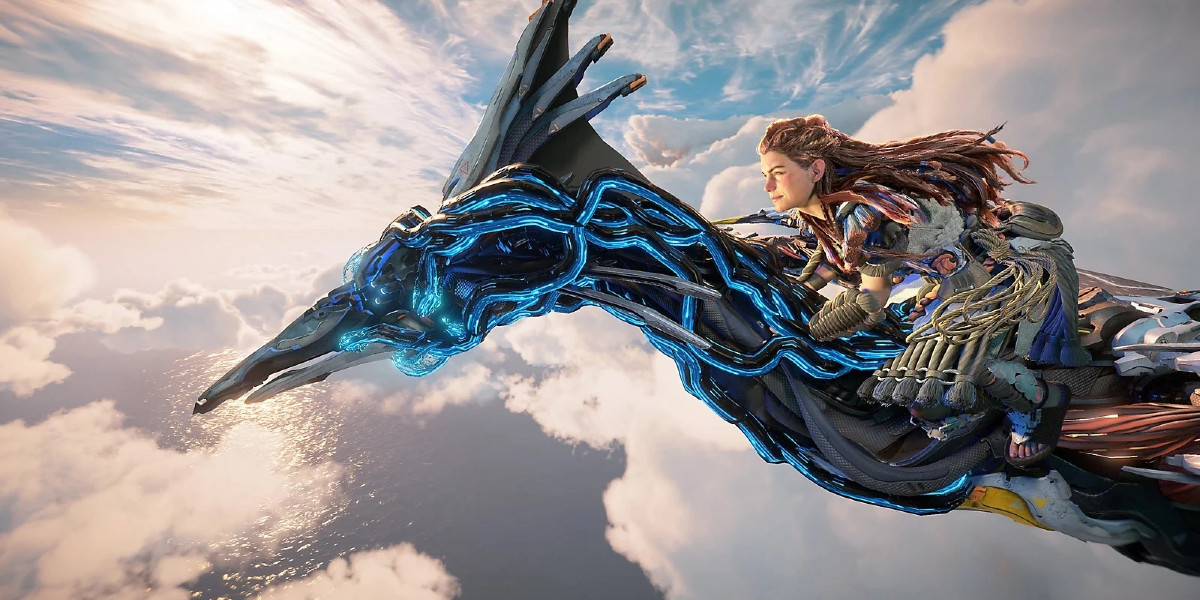 Aloy flying above the clouds on a machine in the Horizon: Forbidden West Burning Shores DLC