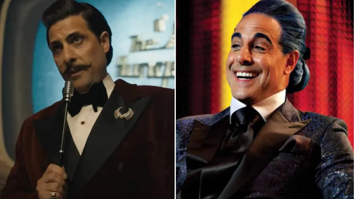 Jason Schwartzman as Lucky Flickerman and Stanley Tucci as Ceasar Flickerman in The Hunger Games film series