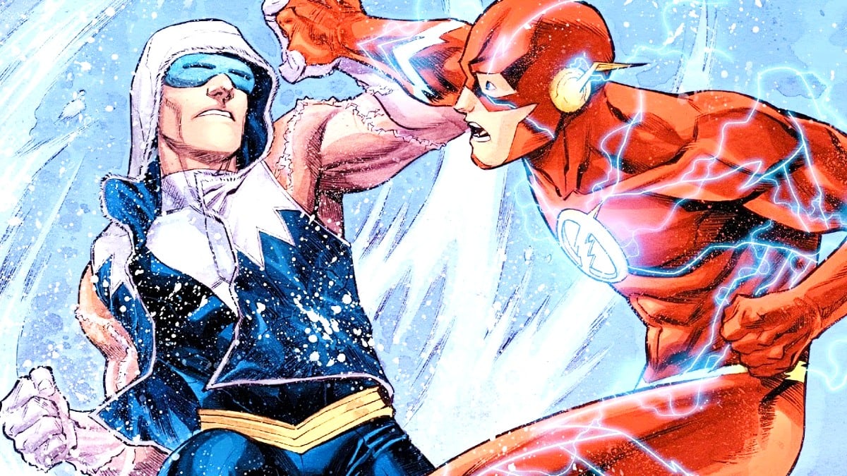 Leonard Snart (a.k.a. Captain Cold) and Barry Allen (a.k.a. The Flash) fighting