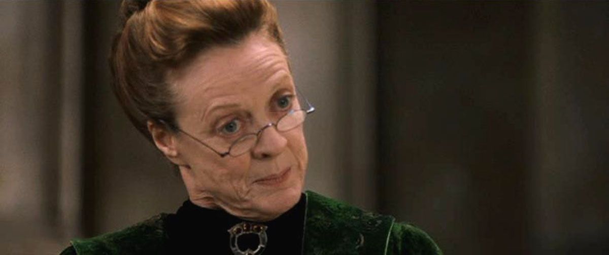 Professor McGonagall (Maggie Smith) peers over her glasses, looking unimpressed in 'Harry Potter'