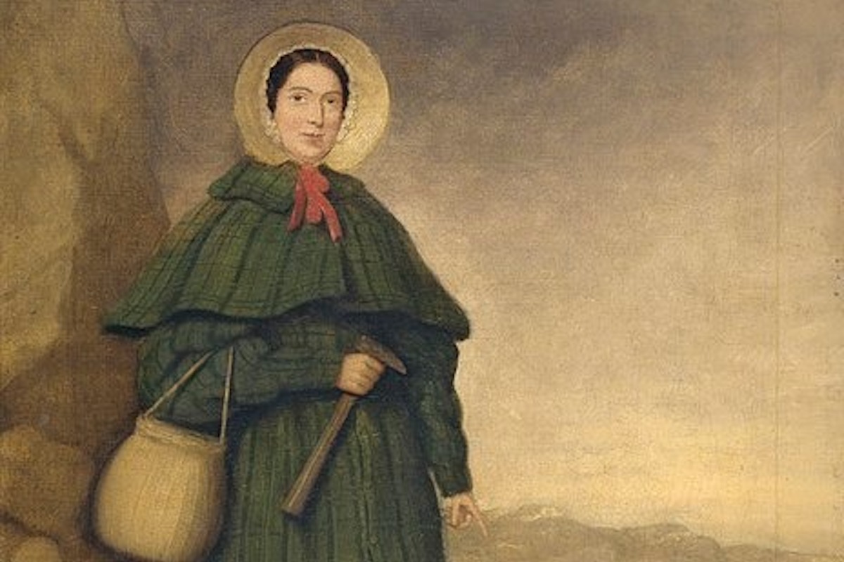 A paintiing of a middle-aged 19th Century woman in a cloak and large bonnet