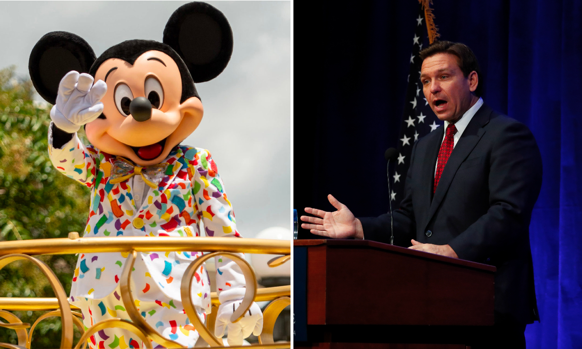 A split image with a Mickey Mouse mascot on the left and Ron DeSantis on the right