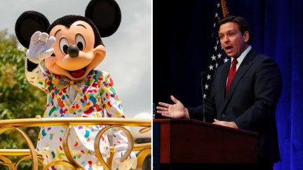 A split image with a Mickey Mouse mascot on the left and Ron DeSantis on the right