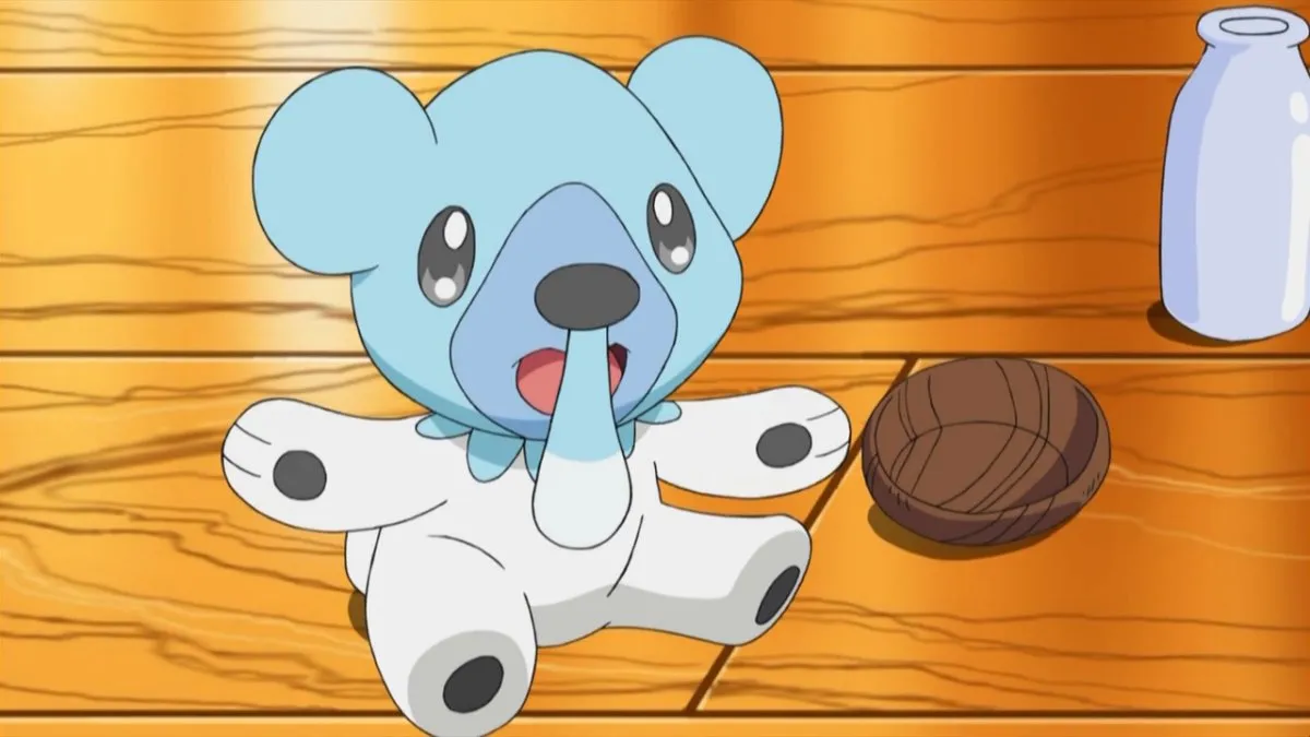 Cubchoo on the floor next to a bowl and bottle (The Pokemon Company)