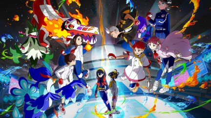Official artwork for the Pokemon Scarlet and Violet DLC: The Indigo DIsk, featuring numerous new Pokémon game characters and the final evolutions of the ninth generation starter Pokémon