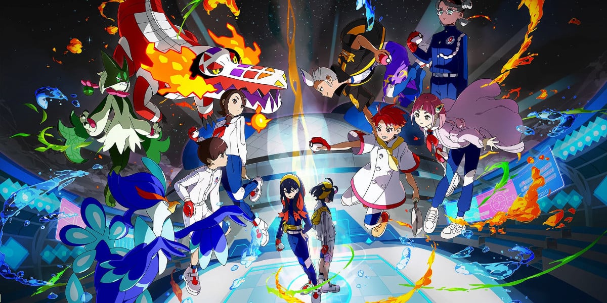 Official artwork for the Pokemon Scarlet and Violet DLC: The Indigo DIsk, featuring numerous new Pokémon game characters and the final evolutions of the ninth generation starter Pokémon