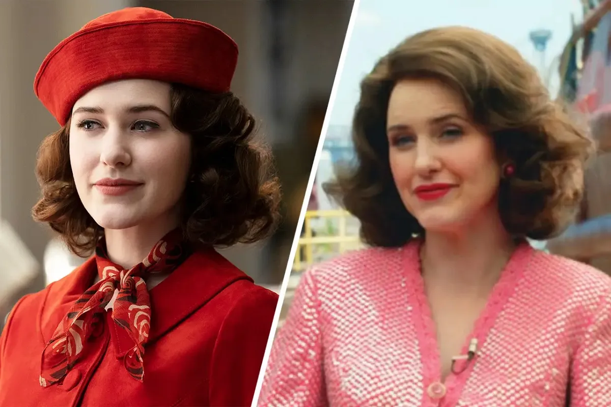 Composite image showing Rachel Brosnahan as Midge Maisel as a young woman (left) and 20 years older (right) on Amazon's 'The Marvelous Mrs. Maisel.' On the left, Midge is wearing a red sailor-style hat, a red neck scarf, and a red dress. She is a white woman with curled, chin-length, dark brown hair. On the right, Brosnahan is wearing make-up to age her up. Her brown hair is now parted on the side, still curled and up to her chin. She's wearing a glittery, salmon pink top with a lavalier attached to it. 