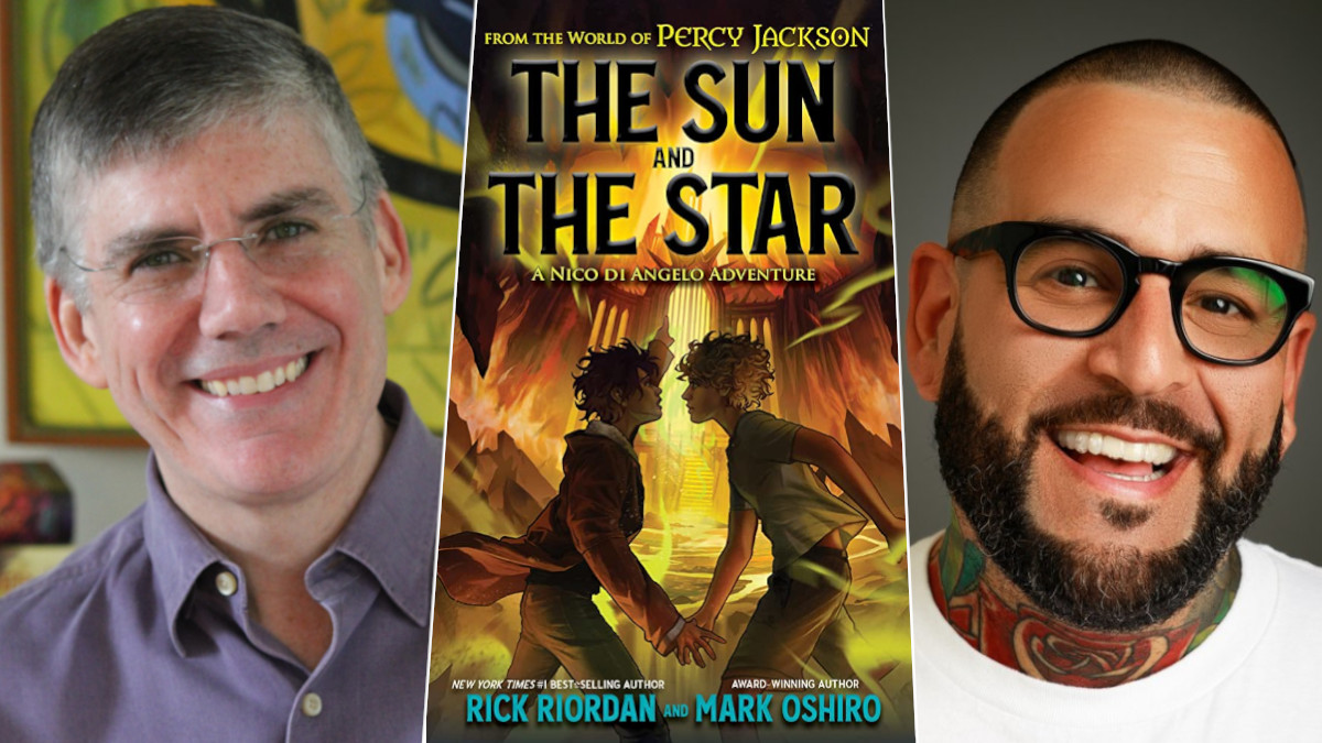 Rick Riordan and Mark Oshiro head shots and the cover of The Sun and the Star