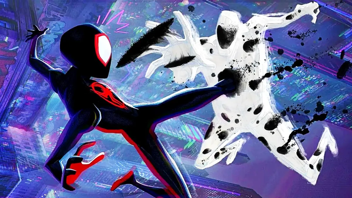 Shameik Moore as Miles and Jason Schwartzman as The Spot, fighting in Spider-Man: Across the Spider-Verse