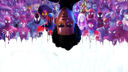 Shameik Moore as Miles Morales with a bunch of Spider Variants in Spider-Man: Across the Spider-Verse