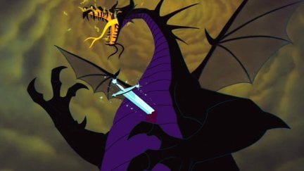 Maleficent the dragion recoiling from a sword stab (Disney)