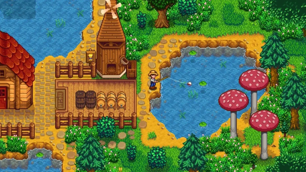A view of the Riverside Farm in Stardew Valley.