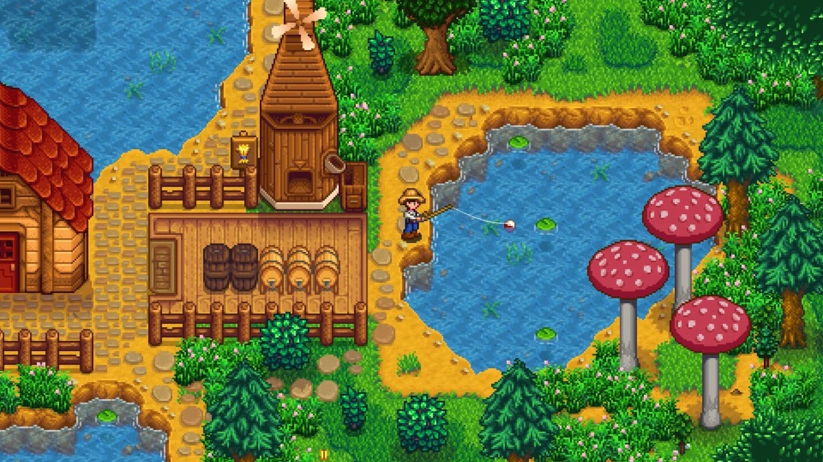 A view of the Riverside Farm in Stardew Valley.