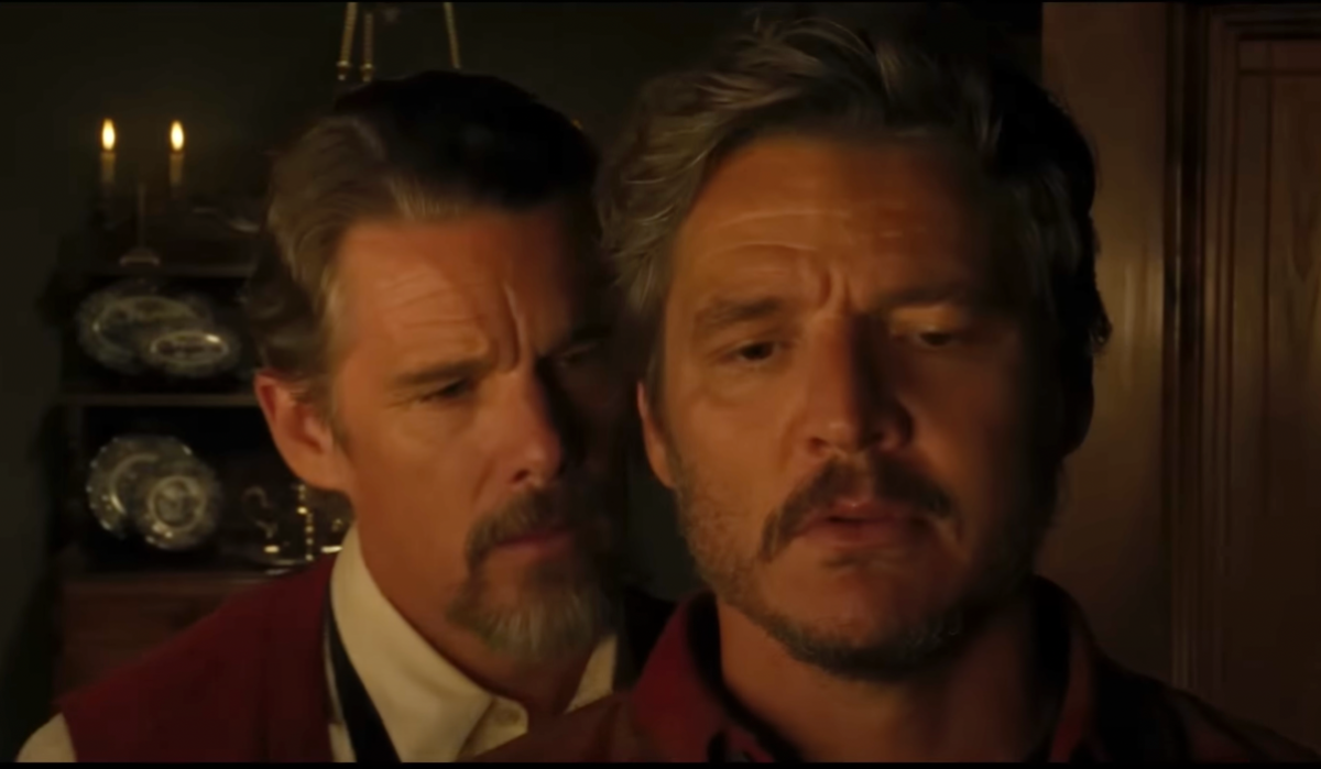 Ethan Hawke cuddles up to Pedro Pascal...from behind!!