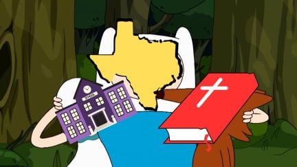 Finn from Cartoon Network's 'Adventure Time' forcing two characters overlayed with images of a school and Christian bible to kiss.