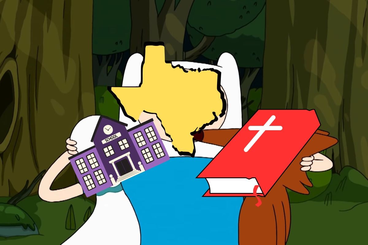 Finn from Cartoon Network's 'Adventure Time' forcing two characters overlayed with images of a school and Christian bible to kiss.